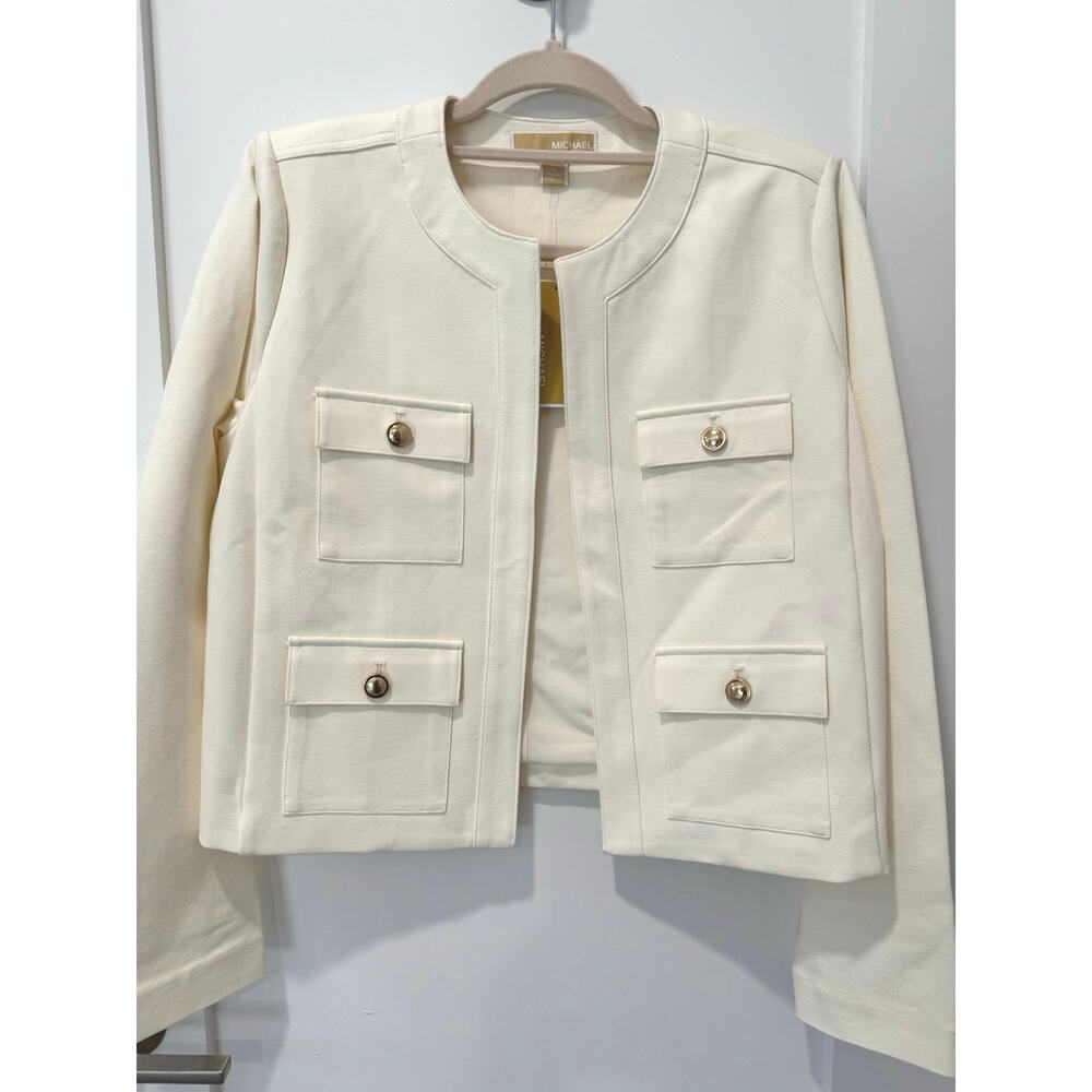 Michael Michael Kors Bone Collarless Lady Jacket Gold Button 4 Pocket Knit M NWT
